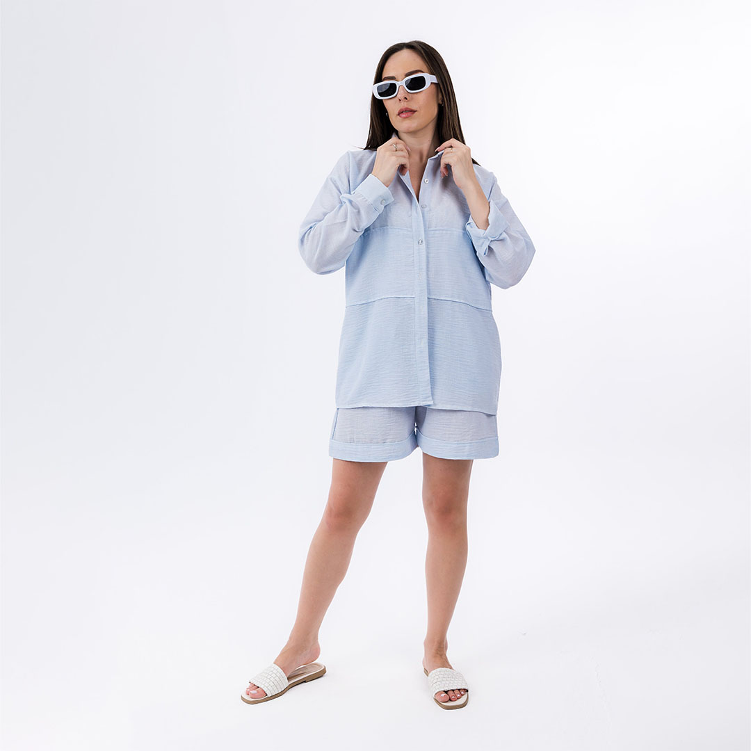 سيت قميص و شورت كتان حريمي - لبني