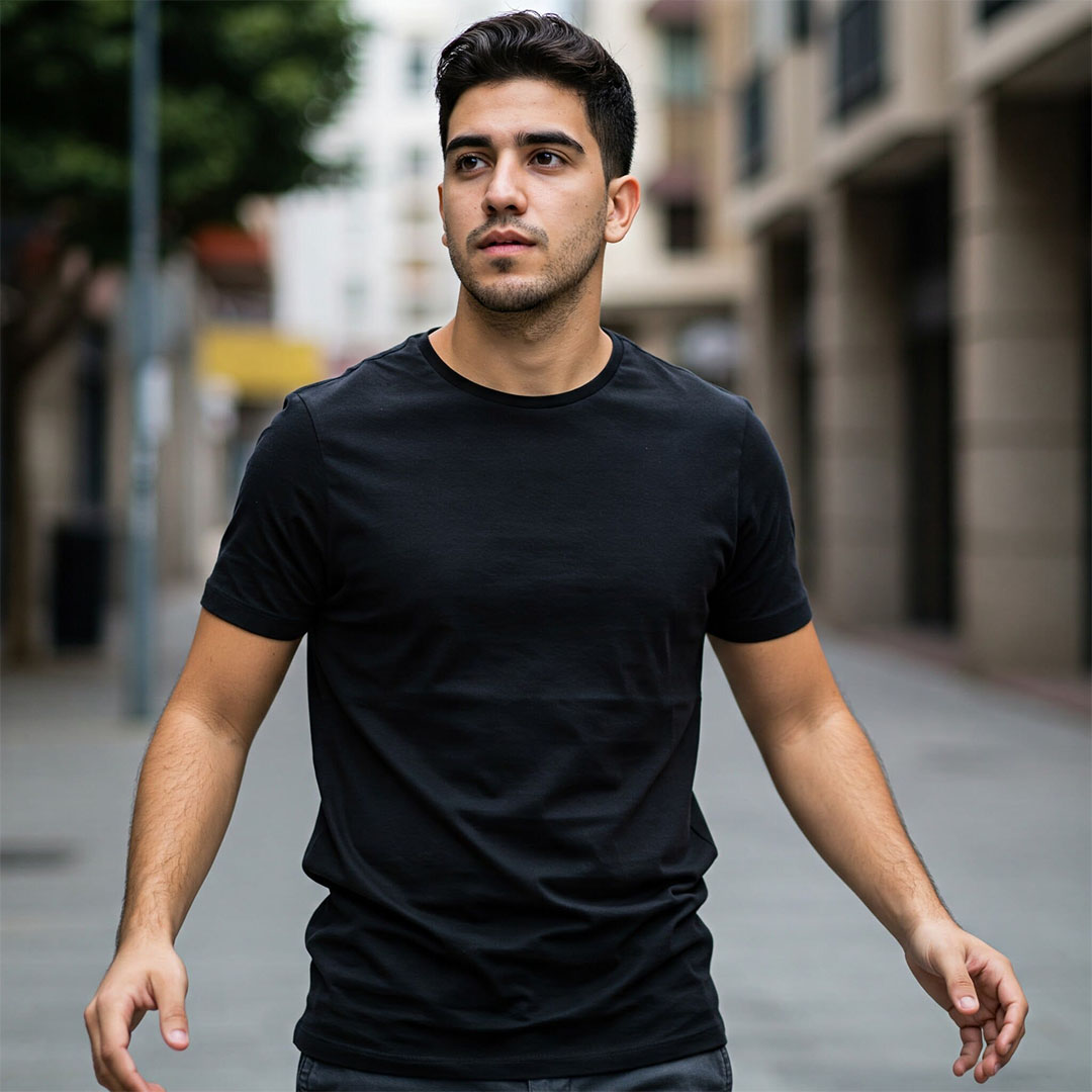 تيشرت بيزك قطن رجالي - أسود