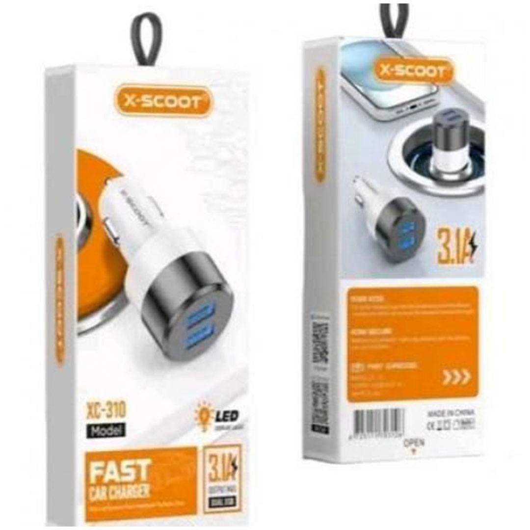 شاحن سيارة سريع LED مع مدخل ميكرو - ابيض/فضي - XC-310