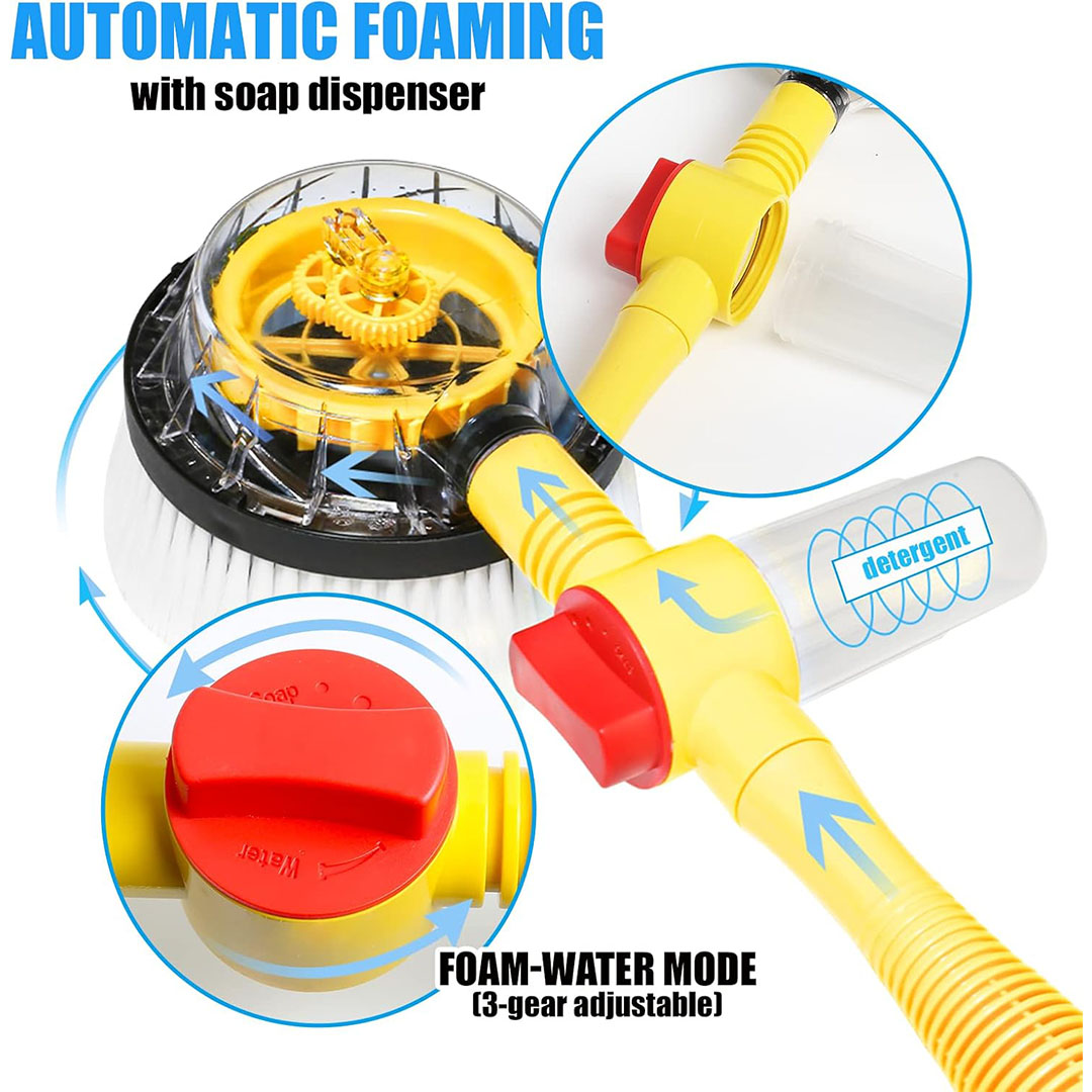 فرشاة غسيل سيارات دوّارة بالماء مع موزع صابون ووصلة خرطوم متعددة الاستخدام