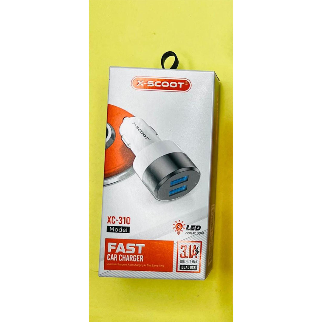 شاحن سيارة سريع LED مع مدخل ميكرو - ابيض/فضي - XC-310