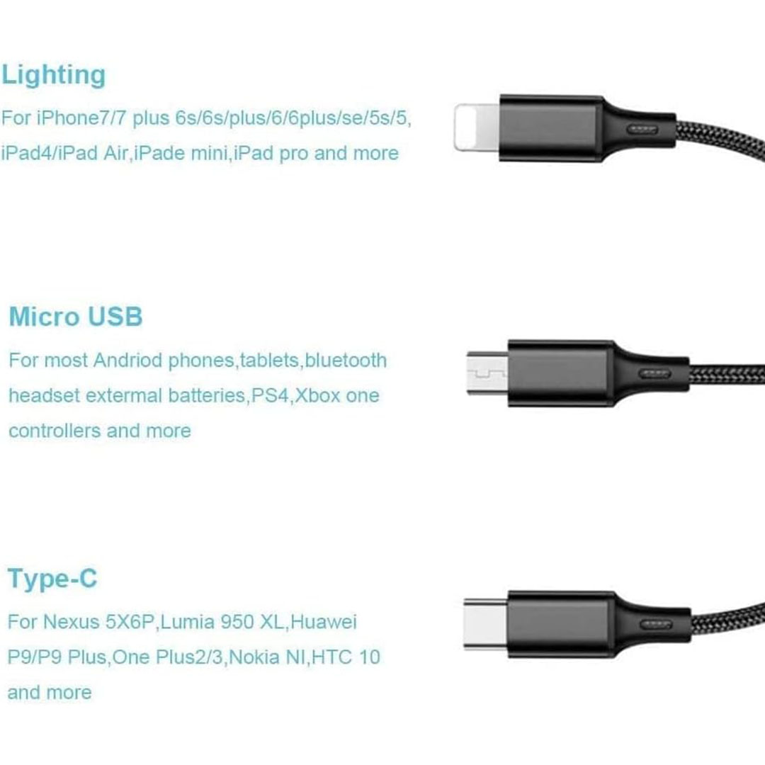 كابل شحن سريع USB مع مشبك منظم 3 في 1 - ميكرو /تايب C/لايتنتنج - 2.4 امبير
