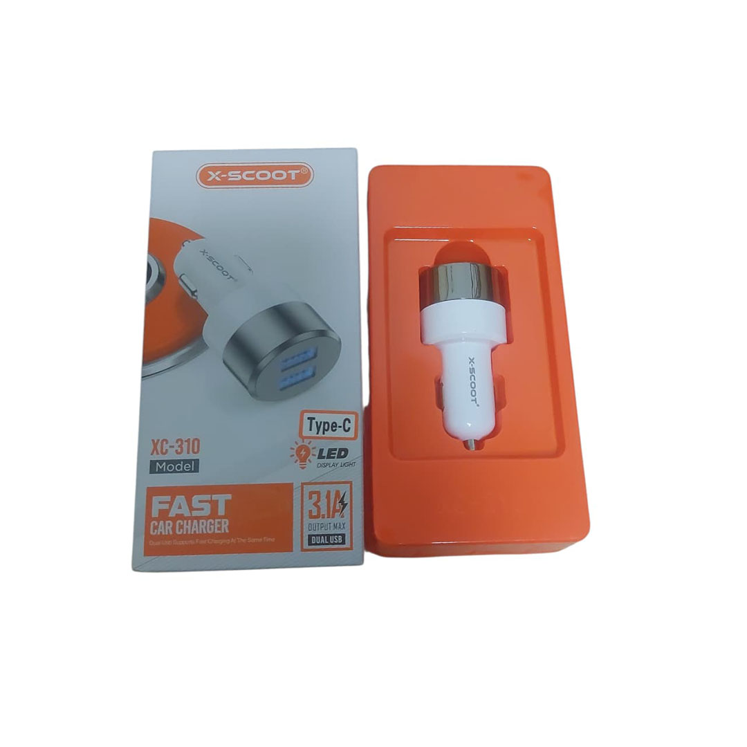 شاحن سيارة سريع LED مع مدخل ميكرو - ابيض/فضي - XC-310