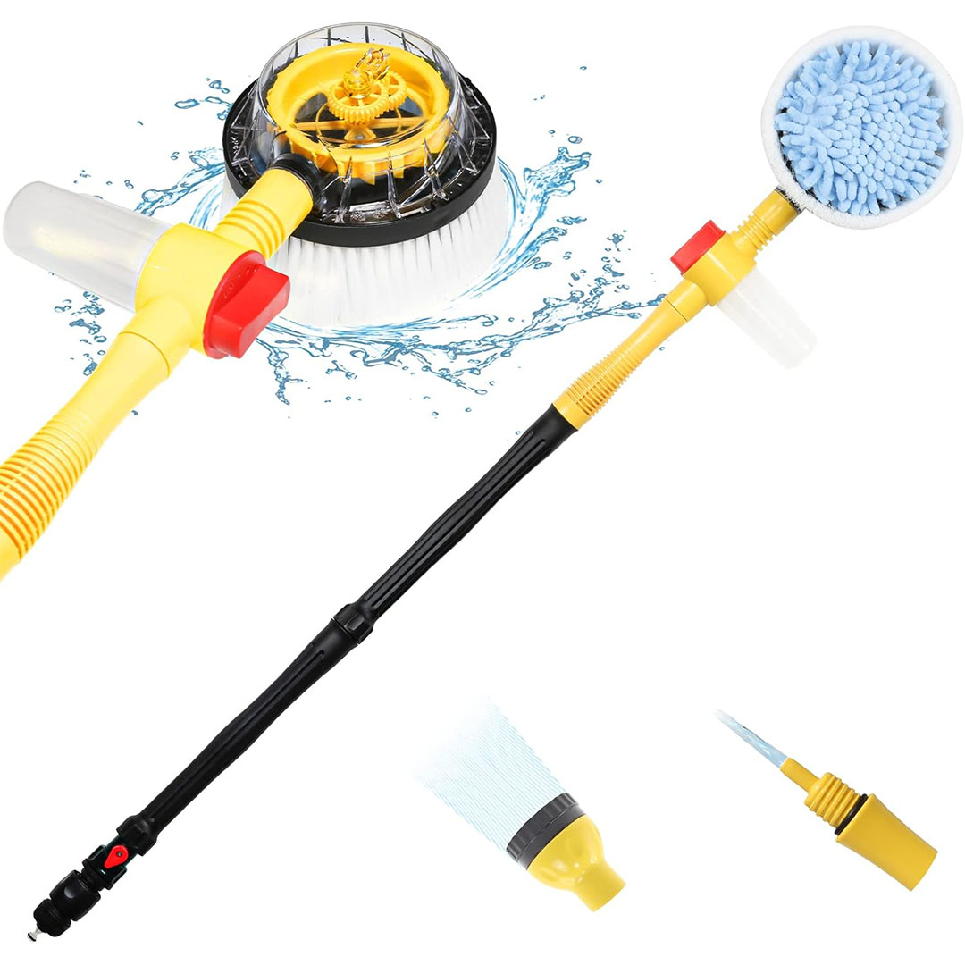 فرشاة غسيل سيارات دوّارة بالماء مع موزع صابون ووصلة خرطوم متعددة الاستخدام