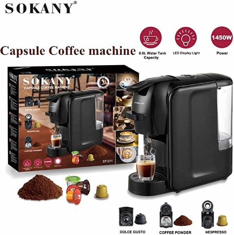 ماكينة تحضير القهوة 3 في 1 سوكاني - كابسولات - اسود