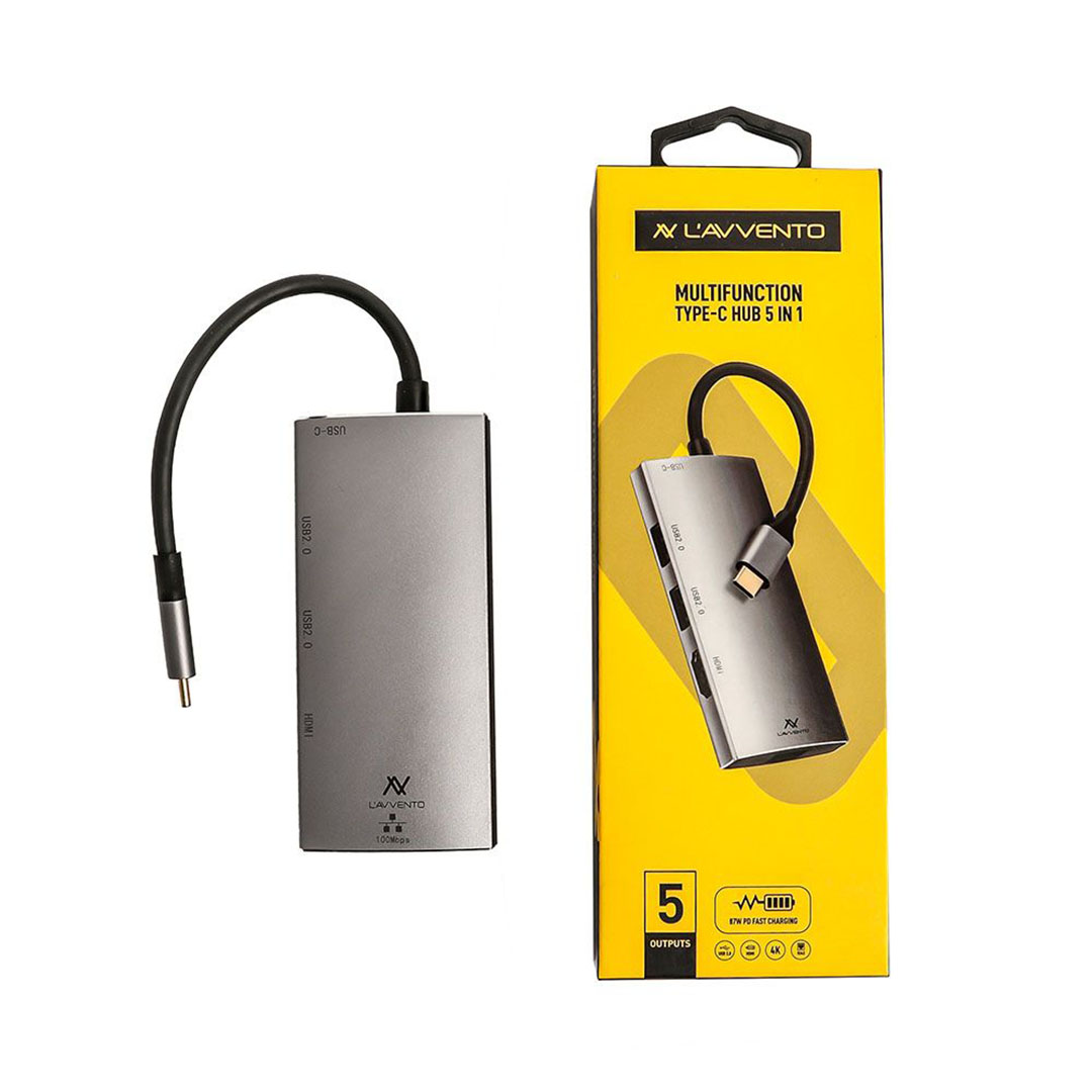 Type-C US016 كابل 5 في 1 - 2 يو أس بي 2.0 HDMI 4K RJ45 قوة 87 وات بمخرج PD