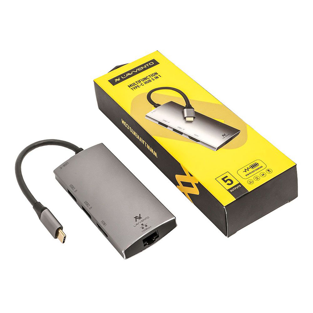 Type-C US016 كابل 5 في 1 - 2 يو أس بي 2.0 HDMI 4K RJ45 قوة 87 وات بمخرج PD