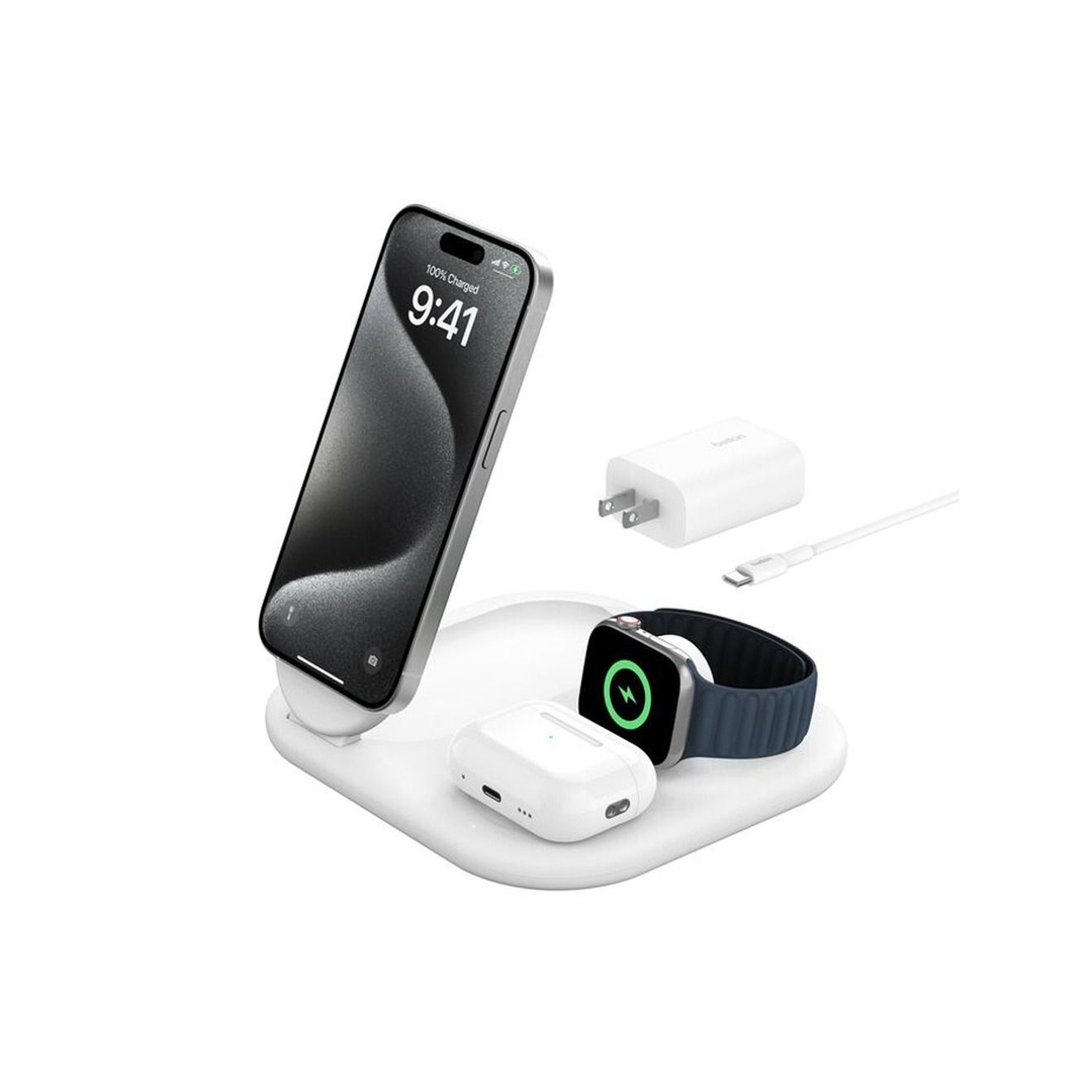 بيلكين شاحن لاسلكي 3 في 1 بقوة 15 وات موديل Qi2 - أبيض