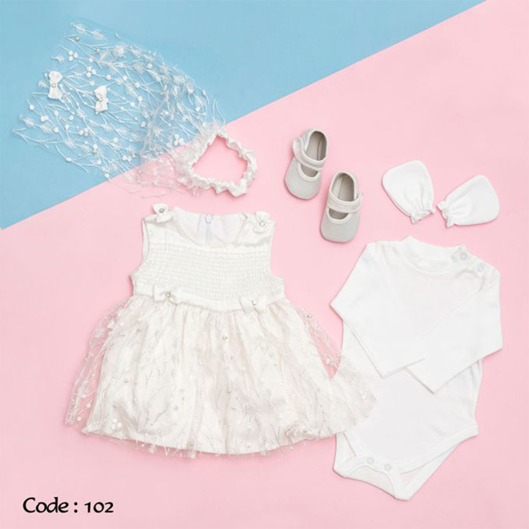 102 طقم فستان سبوع لحديثي الولادة - 5 قطع - أبيض