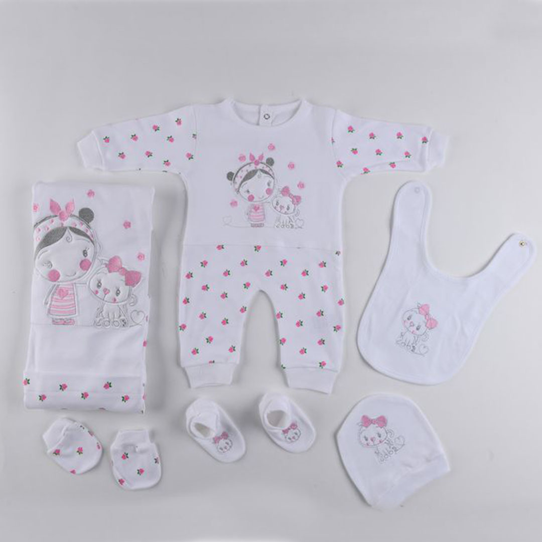 1074 طقم سبوع لحديثي الولادة - 6 قطع - أبيض/بينك