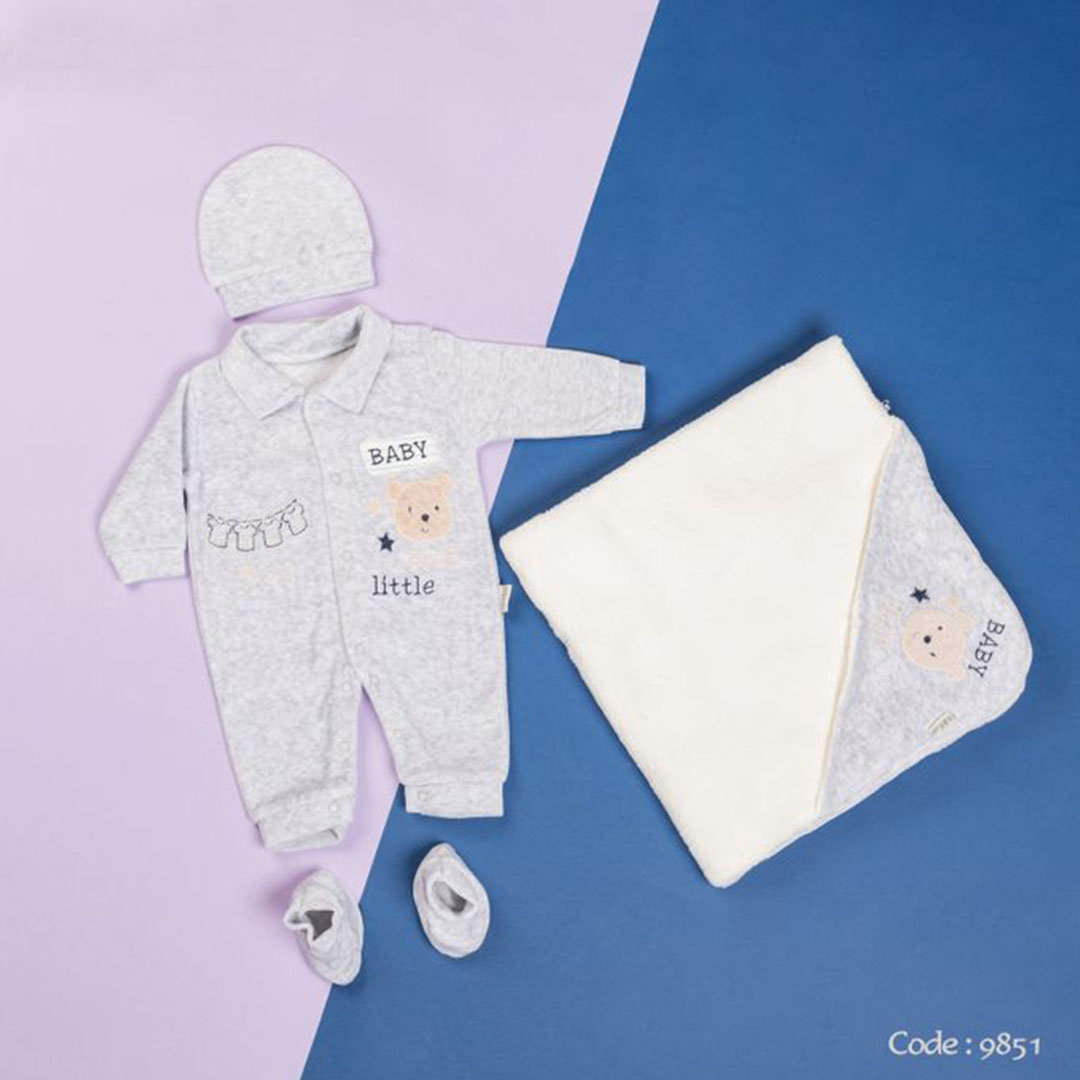 9851 طقم سبوع شتوي مع كوفرتة لحديثي الولادة - 4 قطع - رمادي