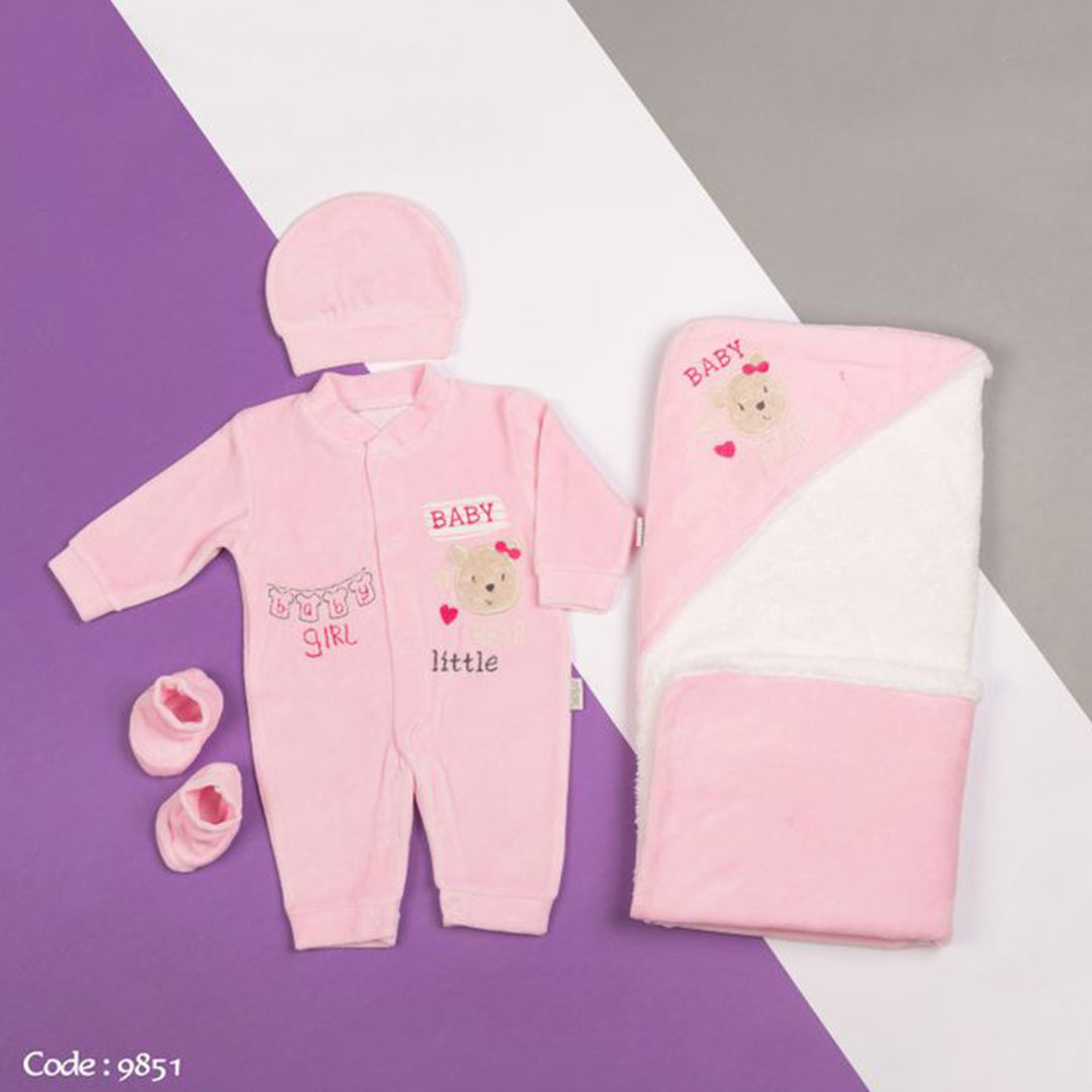 9851 طقم سبوع شتوي مع كوفرتة لحديثي الولادة - 4 قطع - بينك