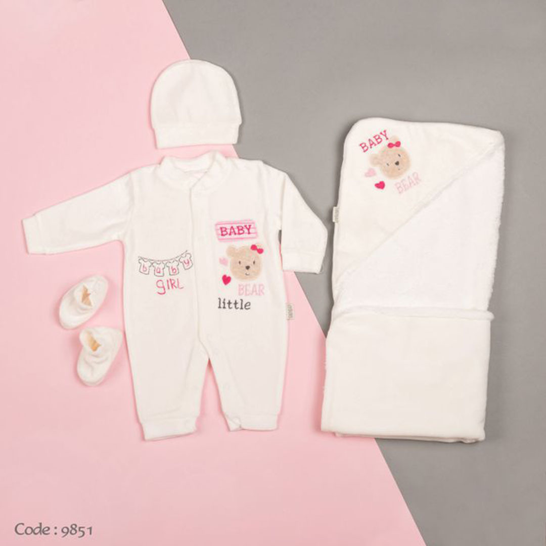9851 طقم سبوع شتوي مع كوفرتة لحديثي الولادة - 4 قطع - أبيض/بينك