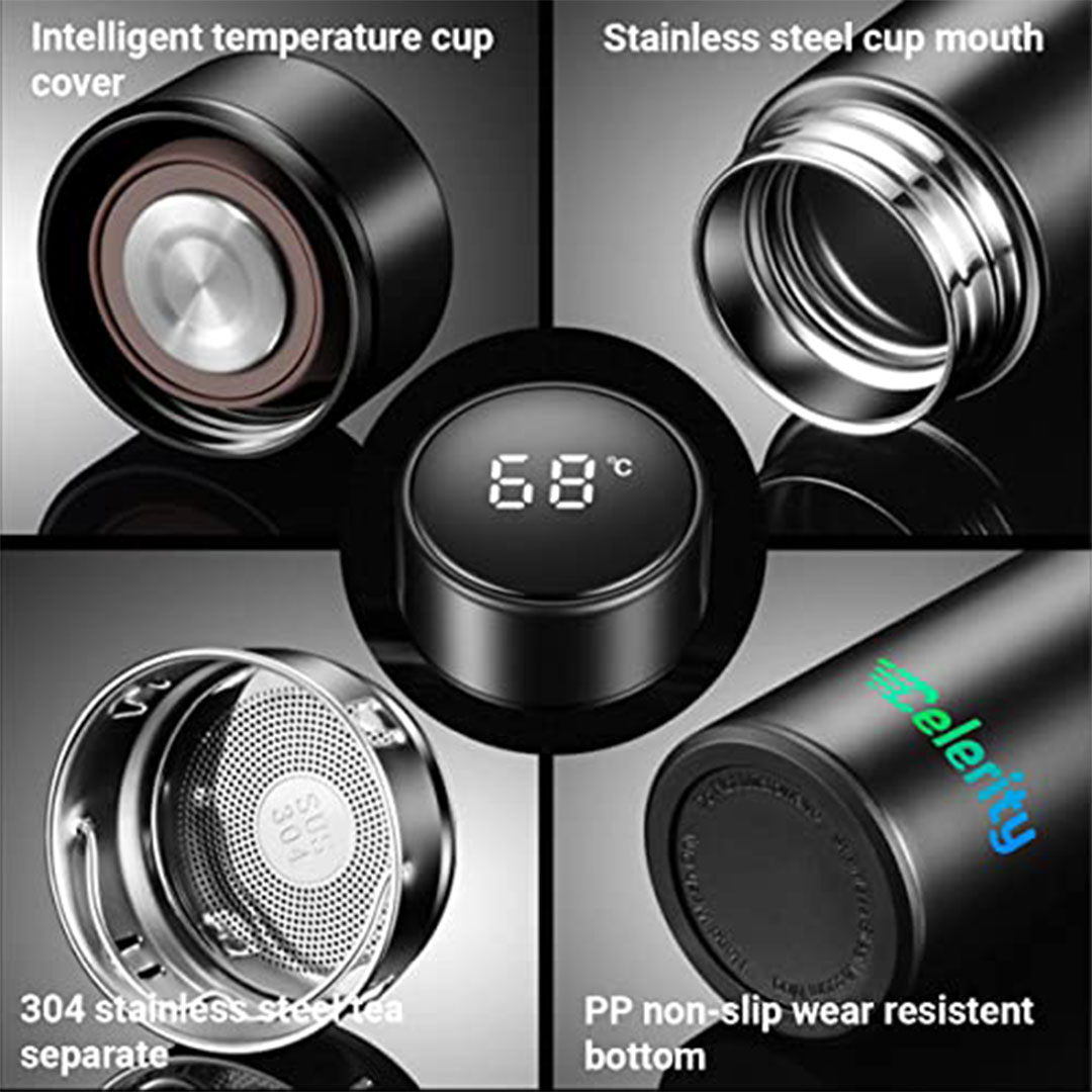 زجاجة مياه حرارية من Celerity مع شاشة حرارة – أسود