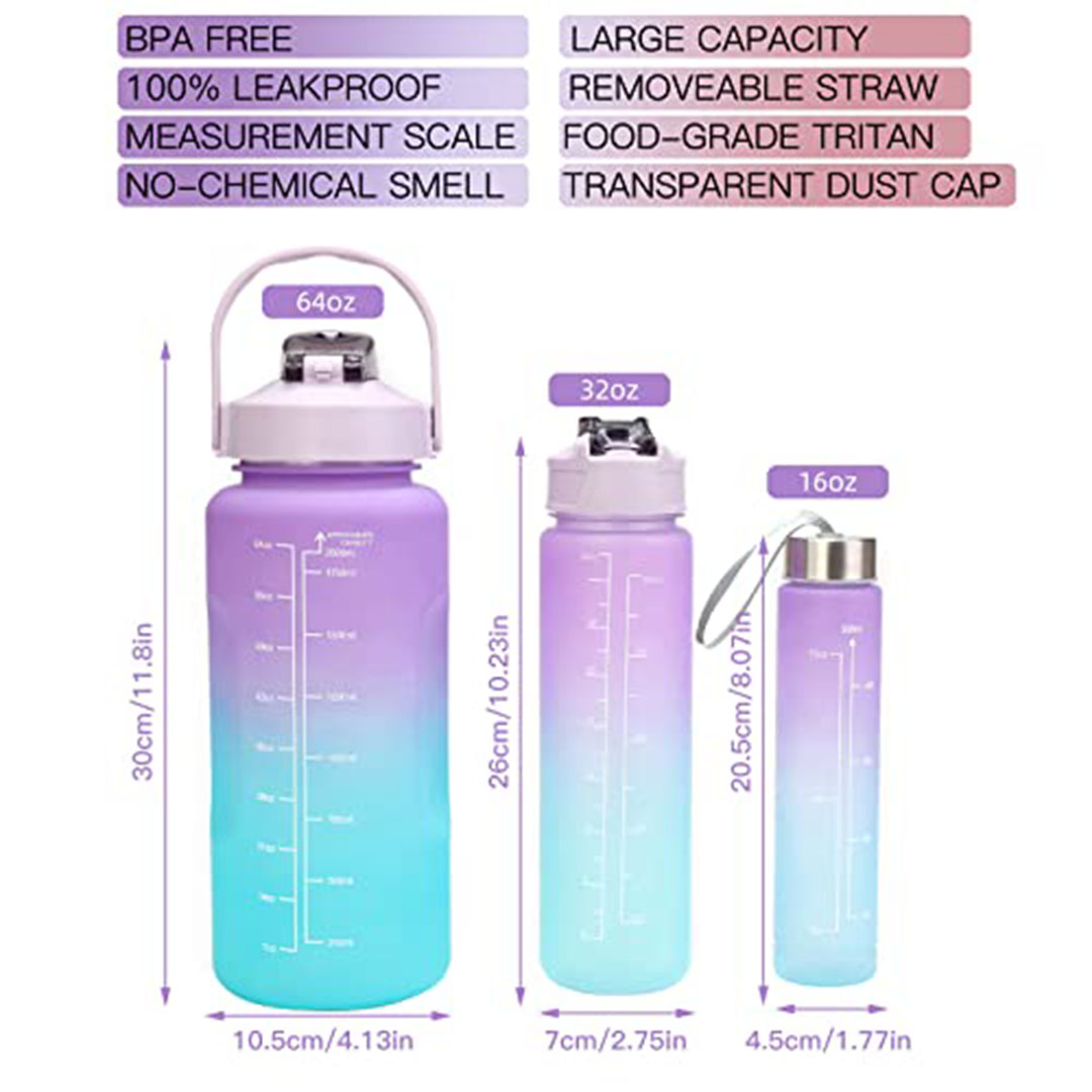 طقم 3 زجاجات مياه رياضية بتحفيز للشرب – بنفسجي متدرج - مقاس 1900/950/500 مل