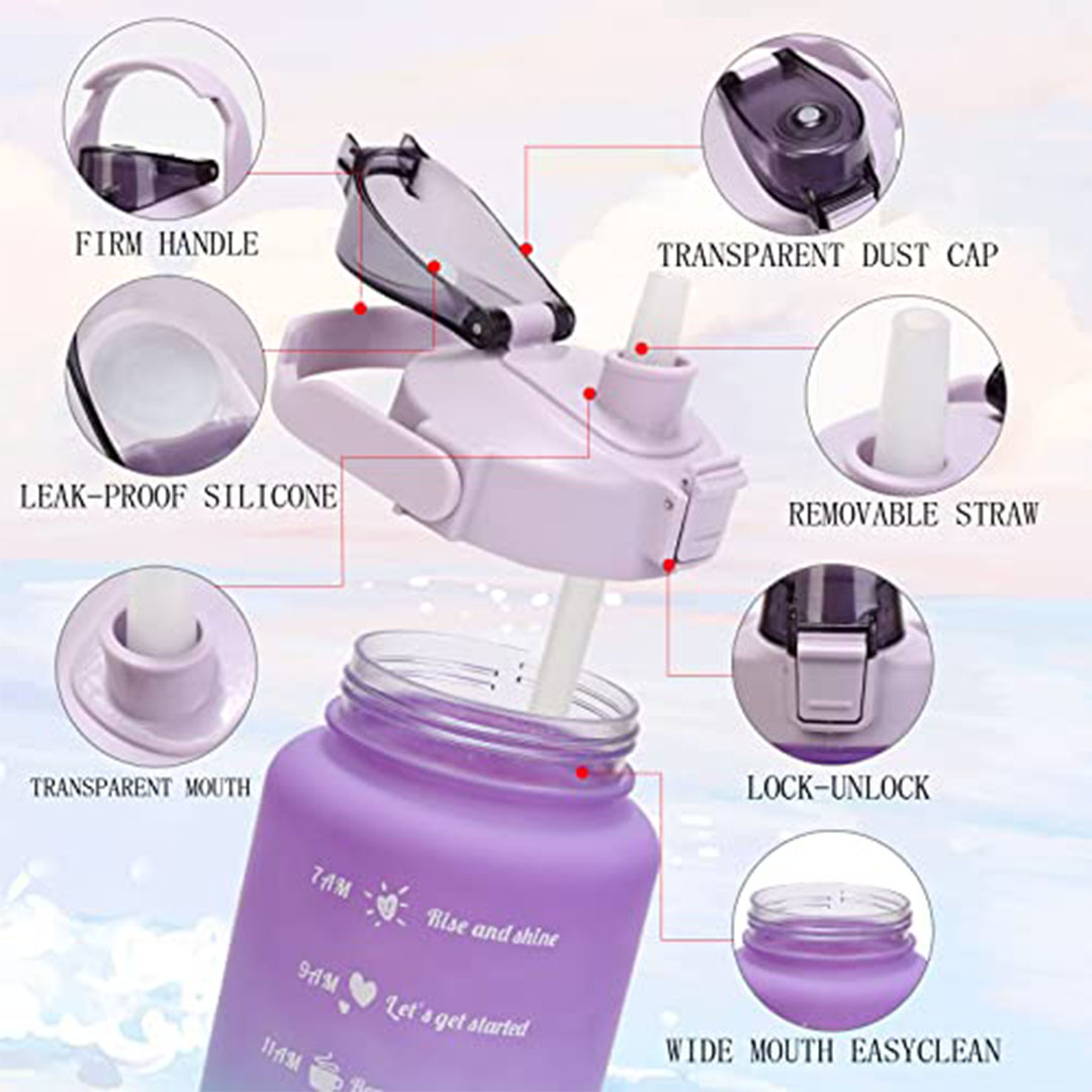 طقم 3 زجاجات مياه رياضية بتحفيز للشرب – بنفسجي متدرج - مقاس 1900/950/500 مل