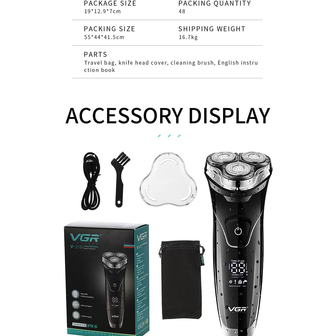 ماكينة حلاقة وتنعيم الدقن VGR قابلة للشحن وضد الماء - V-318