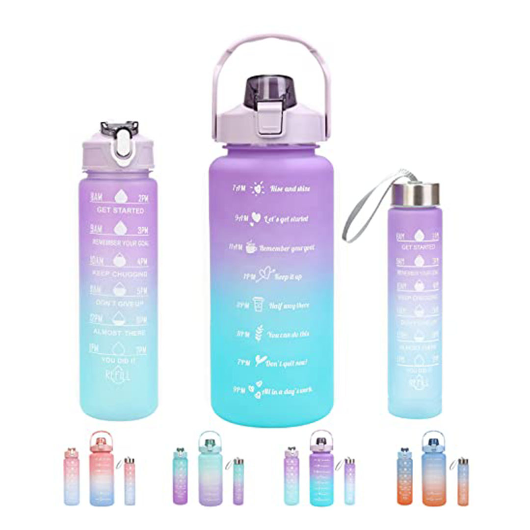 طقم 3 زجاجات مياه رياضية بتحفيز للشرب – بنفسجي متدرج - مقاس 1900/950/500 مل