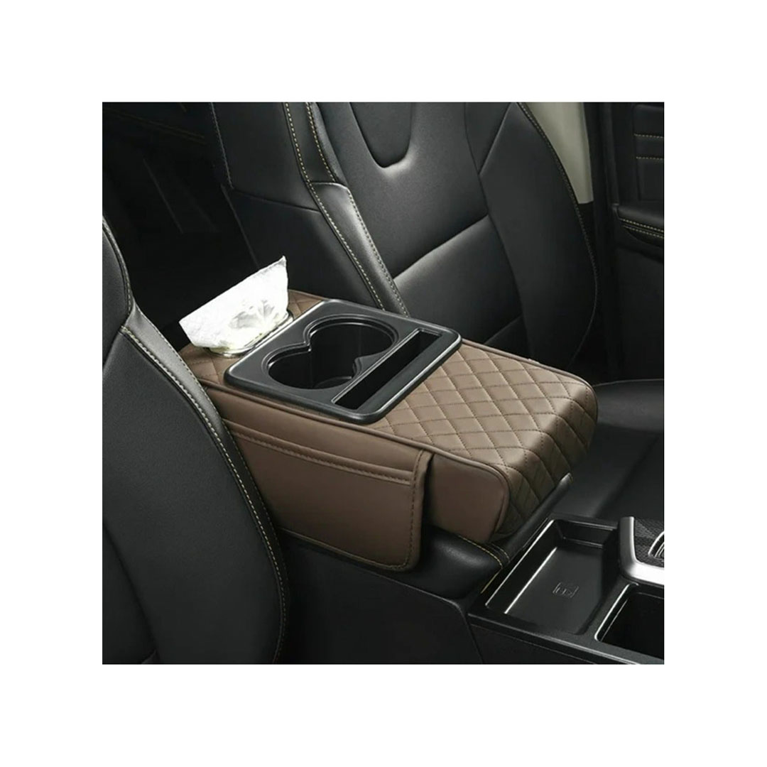 غطاء متعدد الوظائف لوحدة التحكم المركزية للسيارة مع وسادة مريحة - وحامل أكواب - وعلبة مناديل - وجيوب جانبية لدعم مسند الذراع - بني