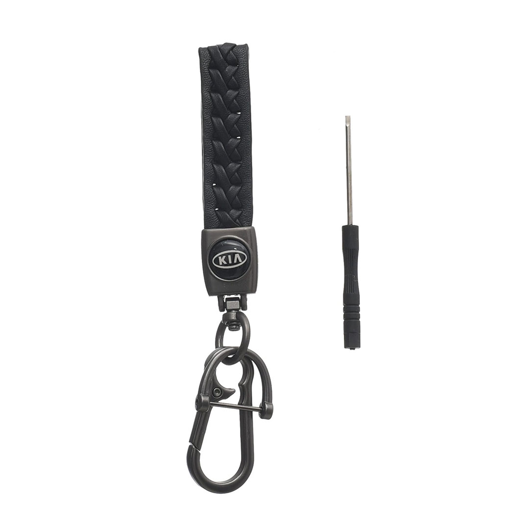 سلسلة مفاتيح جلدية بشعار لسيارة كيا مع سلسلة معدنية - أسود