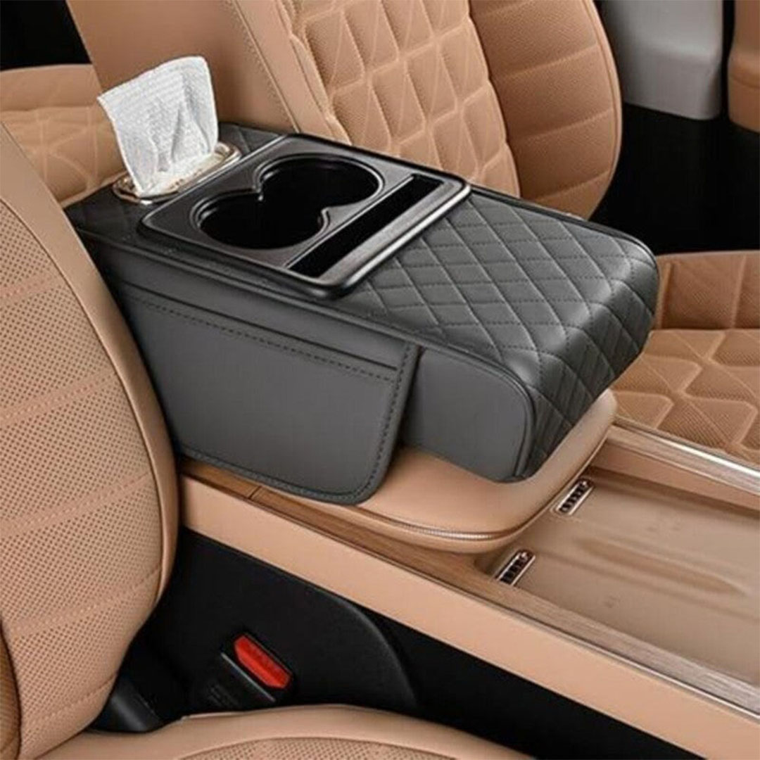 غطاء متعدد الوظائف لوحدة التحكم المركزية للسيارة مع وسادة مريحة - وحامل أكواب - وعلبة مناديل - وجيوب جانبية لدعم مسند الذراع - رمادي