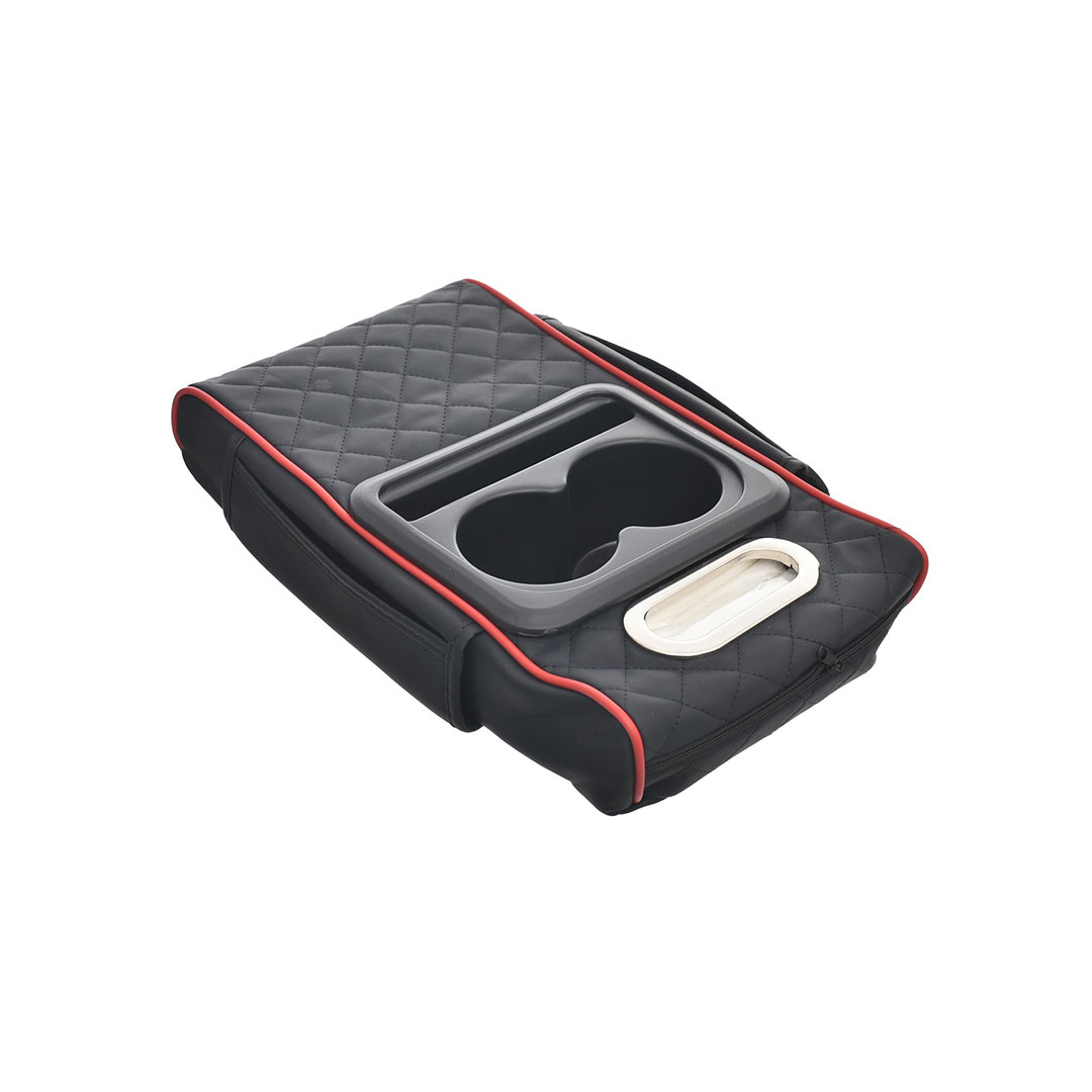 غطاء متعدد الوظائف لوحدة التحكم المركزية للسيارة مع وسادة مريحة - وحامل أكواب علبة مناديل - وجيوب جانبية لدعم مسند الذراع - أسود وأحمر