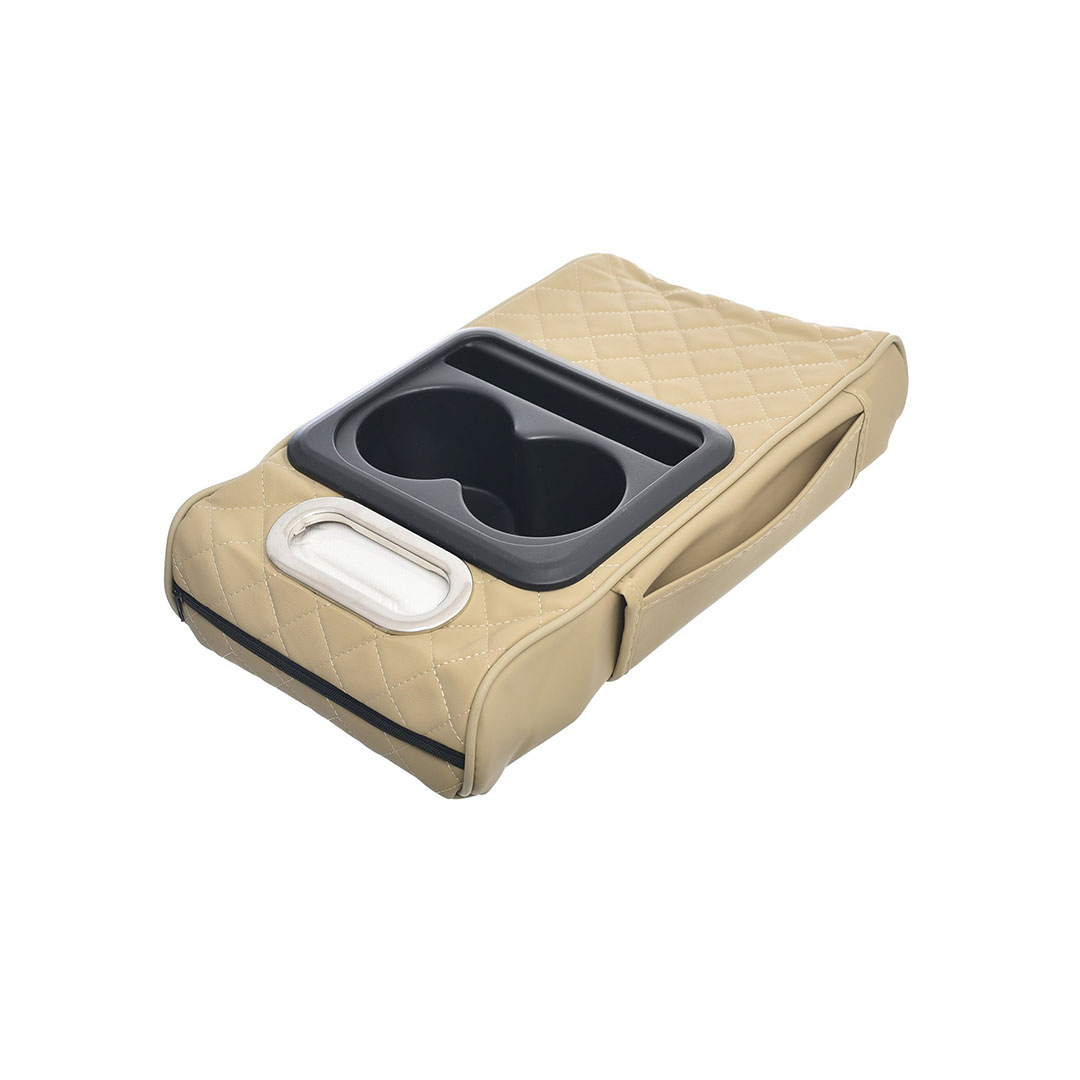 غطاء متعدد الوظائف لوحدة التحكم المركزية للسيارة مع وسادة مريحة - وحامل أكواب - وعلبة مناديل - وجيوب جانبية لدعم مسند الذراع - بيج