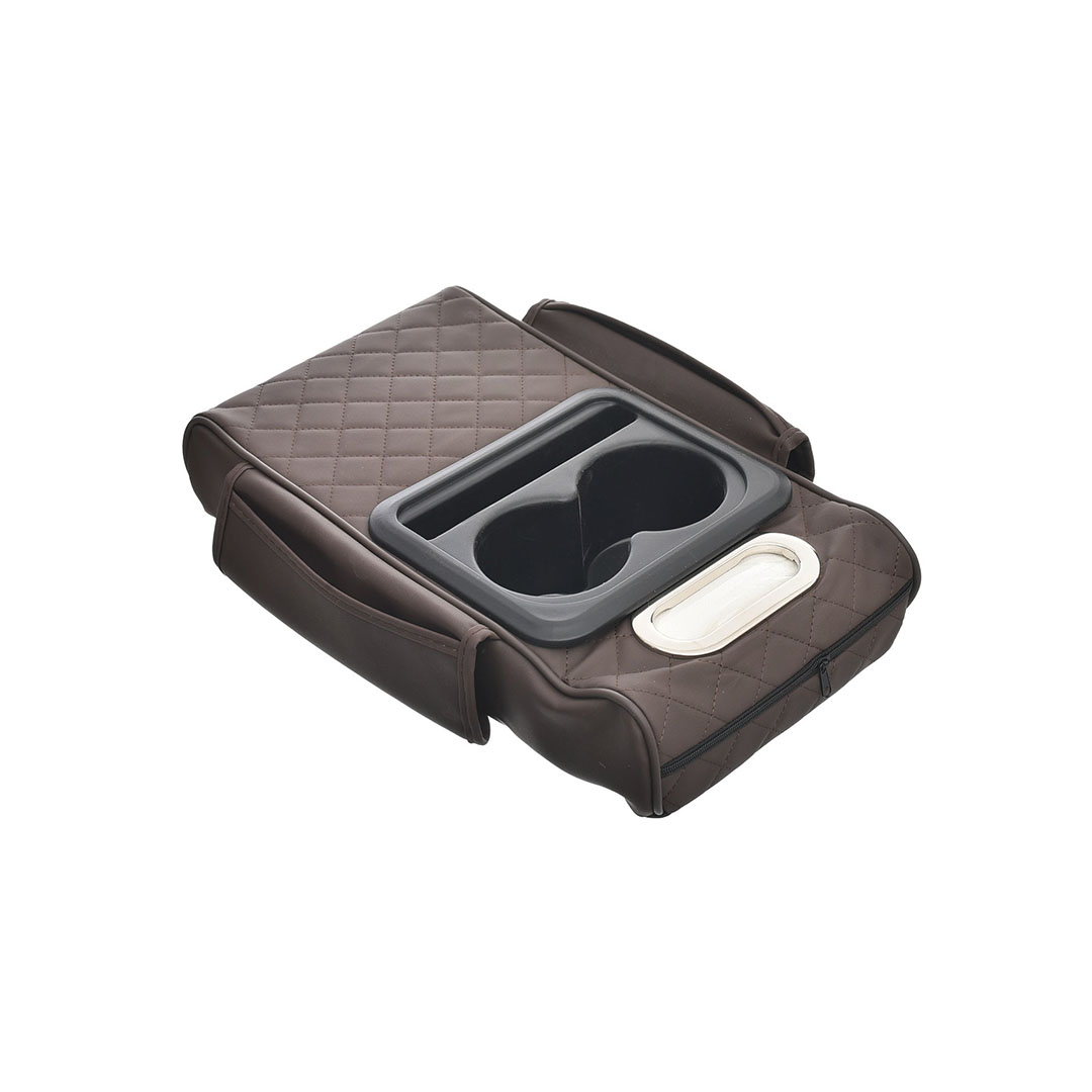 غطاء متعدد الوظائف لوحدة التحكم المركزية للسيارة مع وسادة مريحة - وحامل أكواب - وعلبة مناديل - وجيوب جانبية لدعم مسند الذراع - بني
