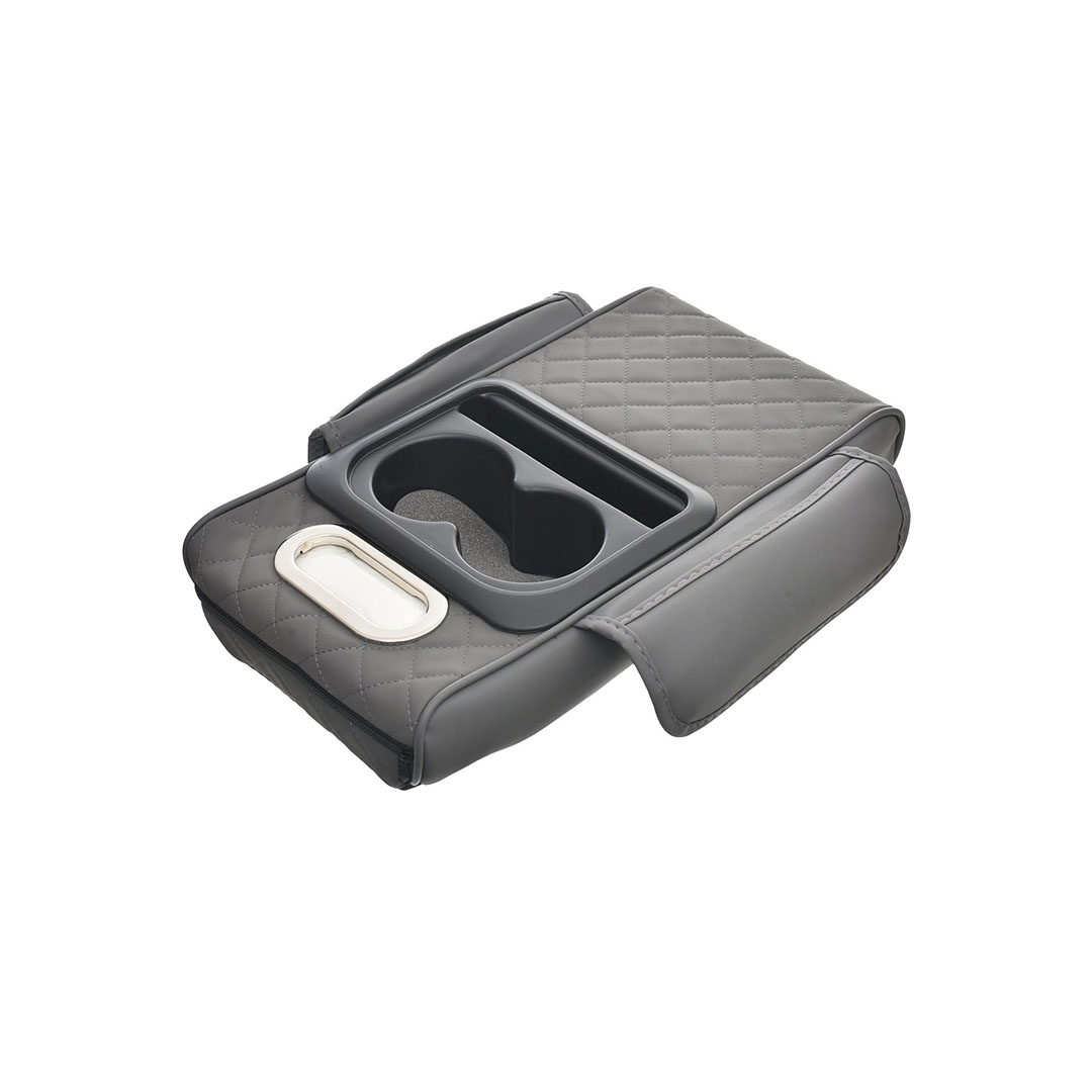 غطاء متعدد الوظائف لوحدة التحكم المركزية للسيارة مع وسادة مريحة - وحامل أكواب - وعلبة مناديل - وجيوب جانبية لدعم مسند الذراع - رمادي