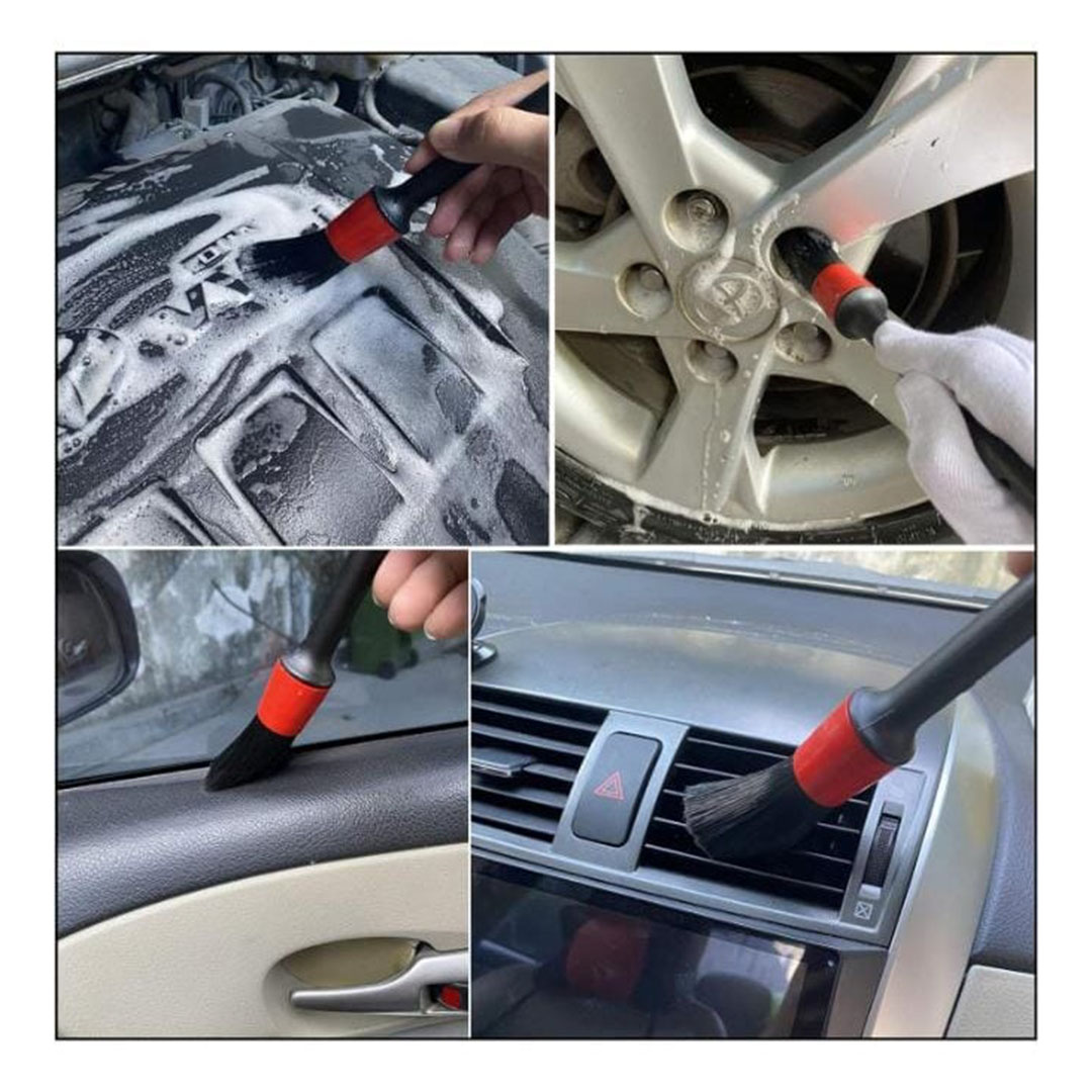 مجموعة فرش تنظيف السيارة - 5 قطع - أسود / أحمر