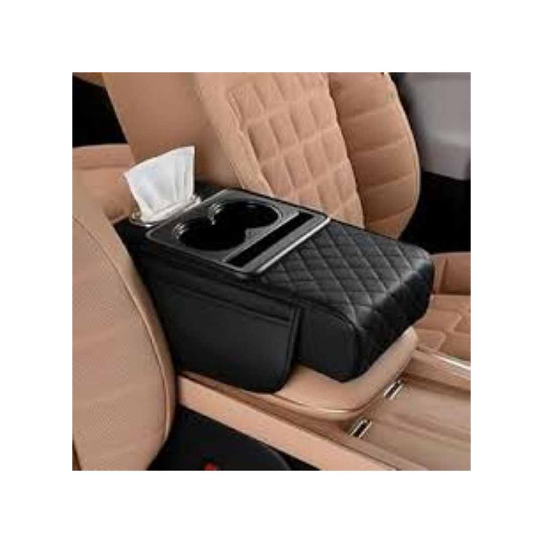 غطاء متعدد الاستخدامات لوحدة التحكم المركزية للسيارة مع وسادة مريحة - وحامل أكواب - وعلبة مناديل - وجيوب جانبية لدعم مسند الذراع - أسود