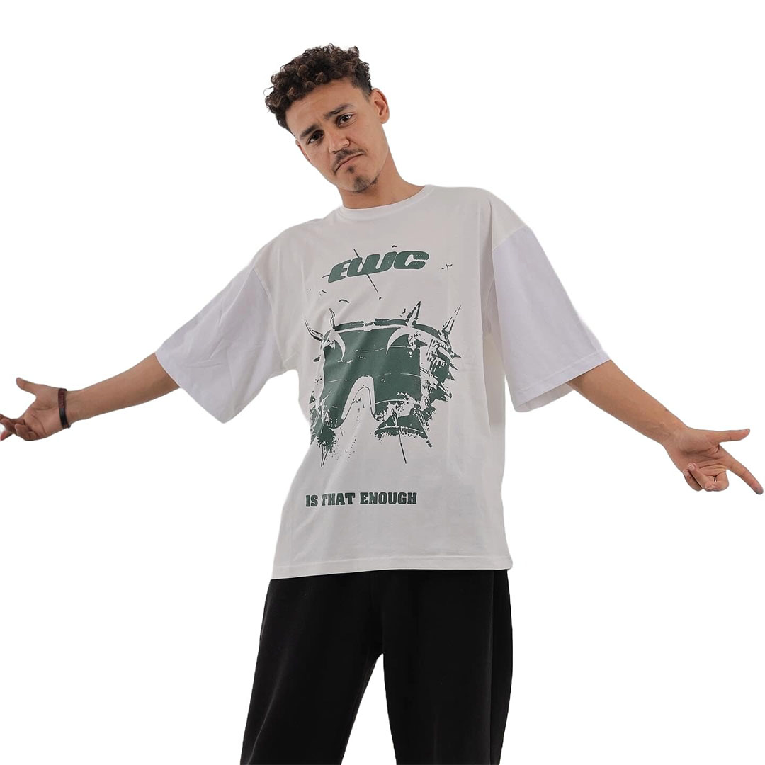 تي شيرت أوفر سايز - أبيض/زيتي