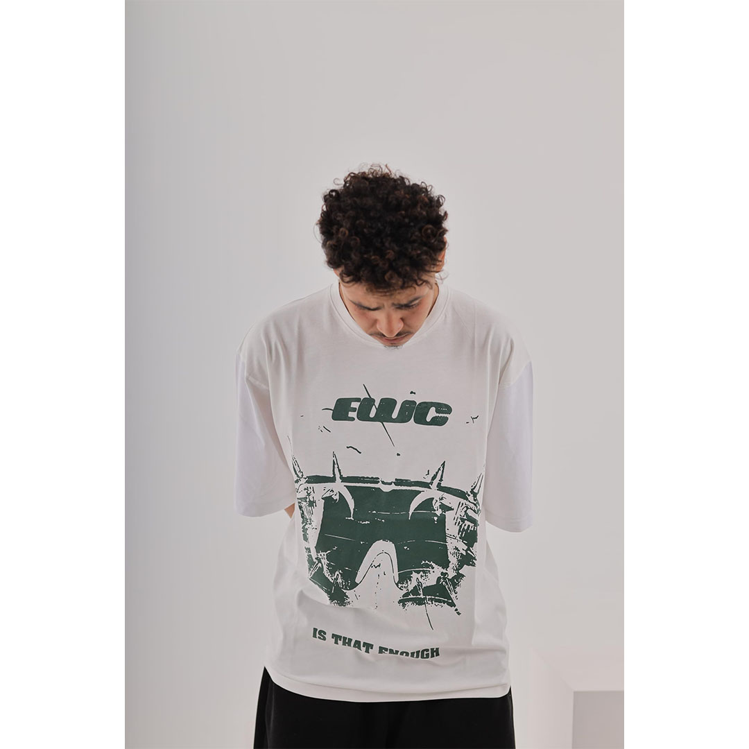 تي شيرت أوفر سايز - أبيض/زيتي