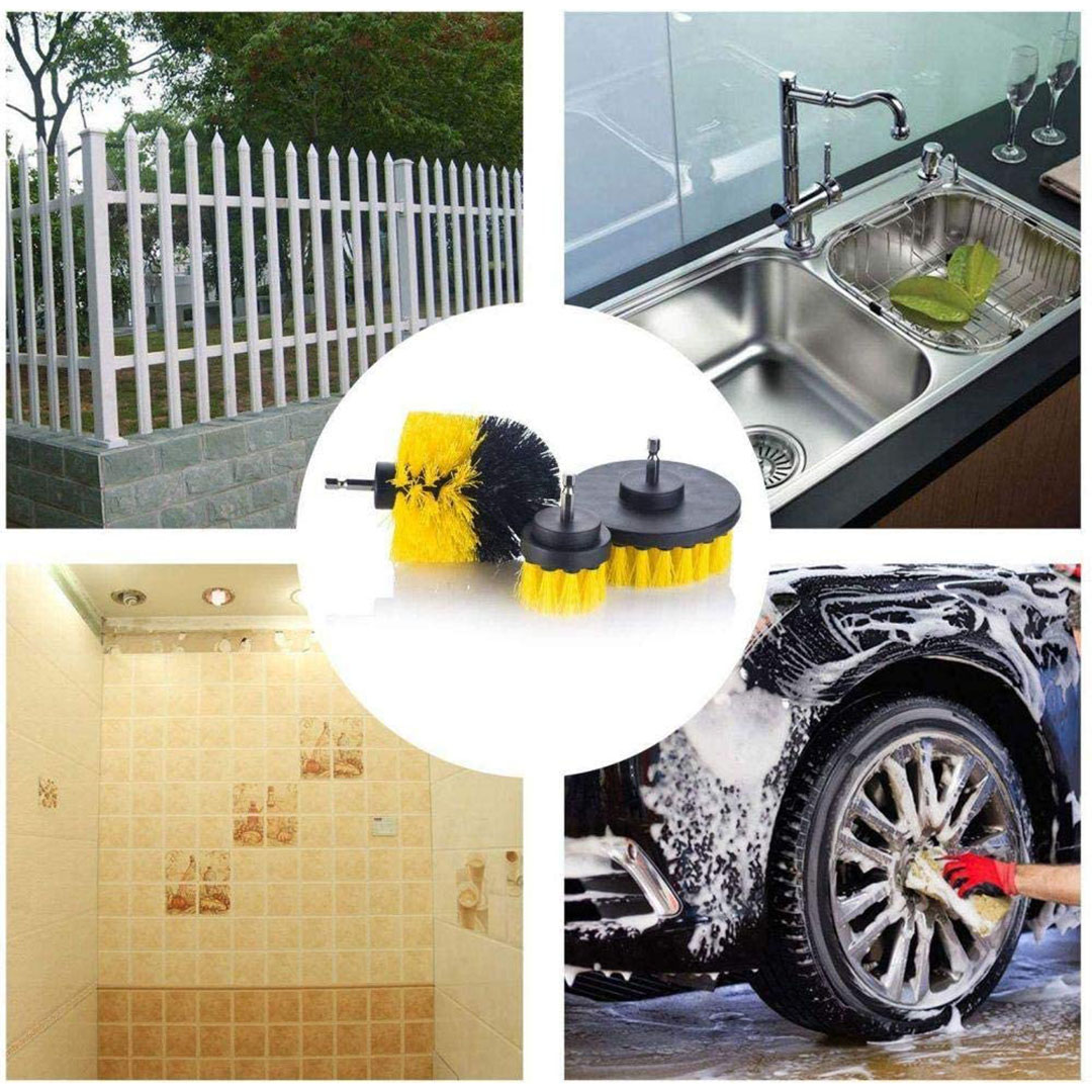 مجموعة فرشاة تنظيف دوارة للسيارات - 3 قطع - أسود / أصفر
