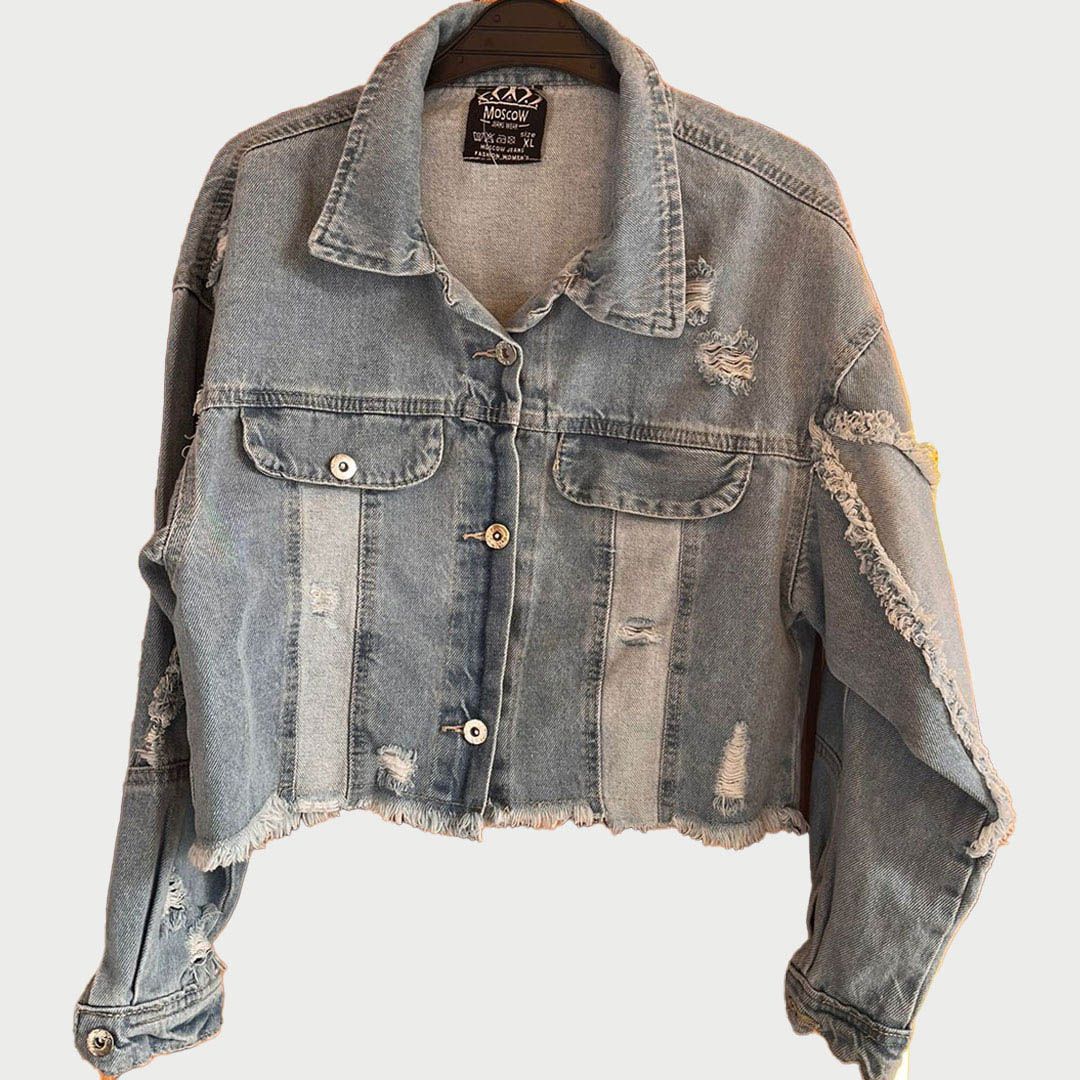 جاكيت جينز قصير بستايل كروب - أزرق