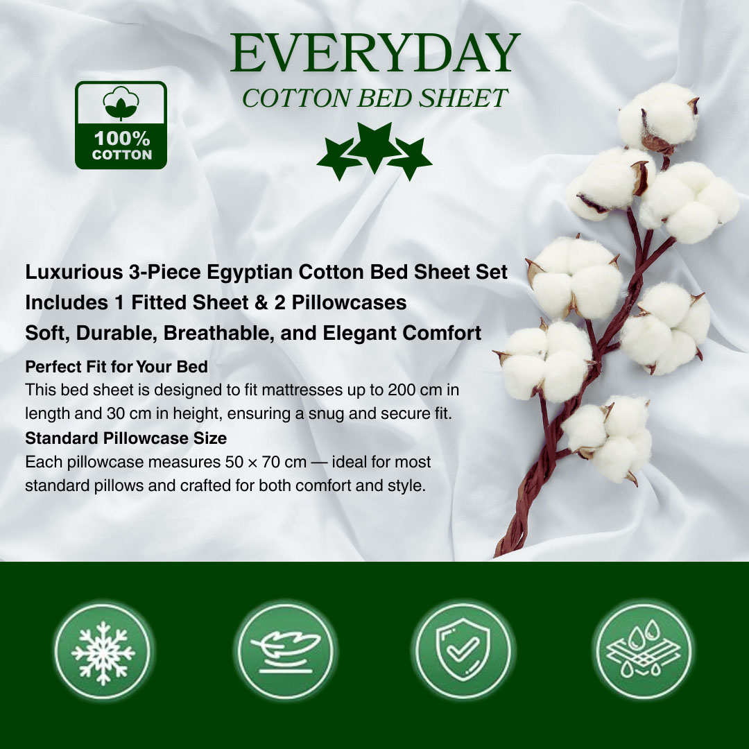 طقم ملاية سرير استيك قطن بريميوم - 3 قطع - 180*200 سم - أبيض