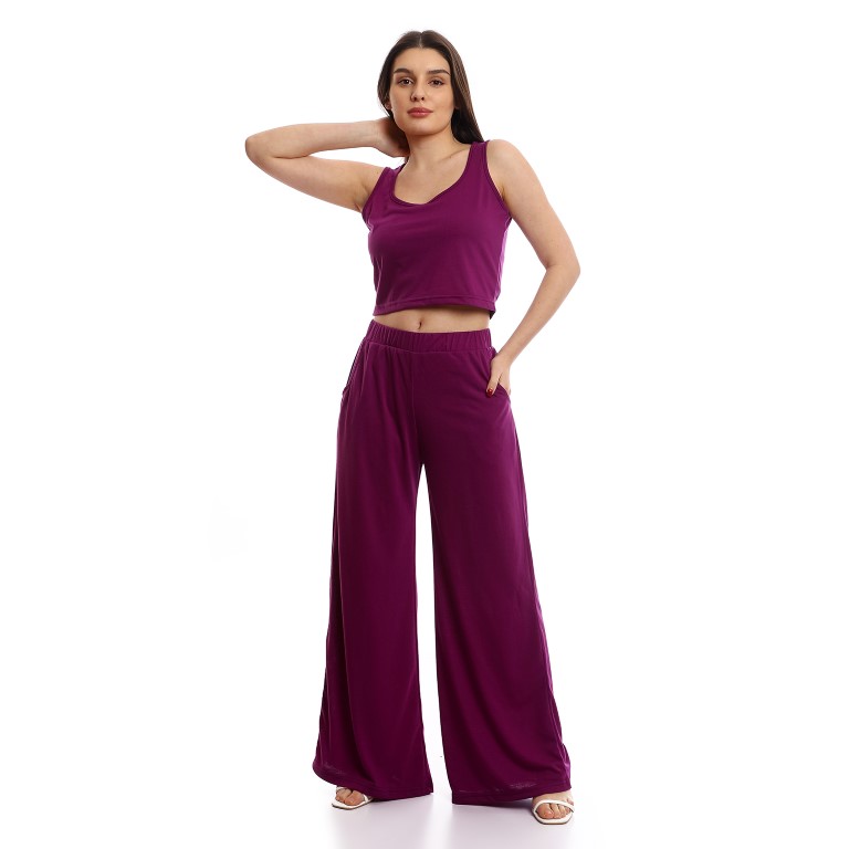 طقم توب قصير مع كارديجان وبنطلون مريح