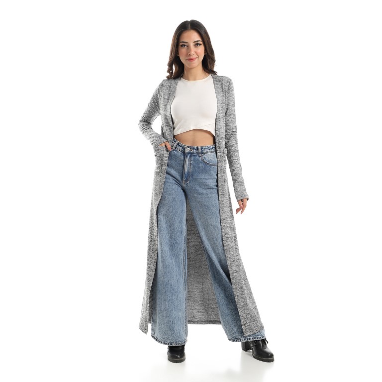 كارديجان طويل مفتوح حريمي - رمادي هيذر