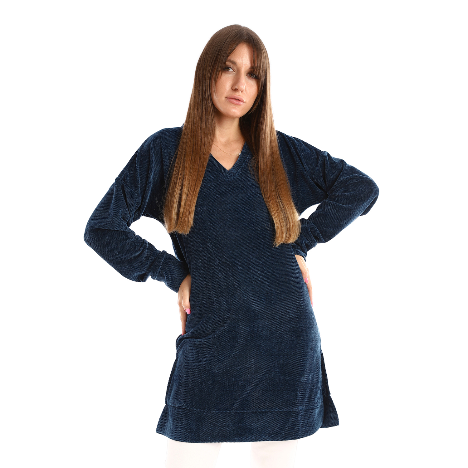 بلوزه حريمى طويله بكم ورقبه - كحلي