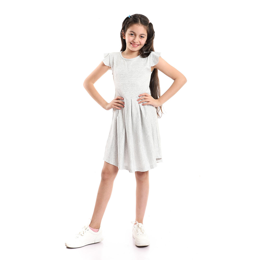 فستان بناتي نص كم - رمادي فاتح