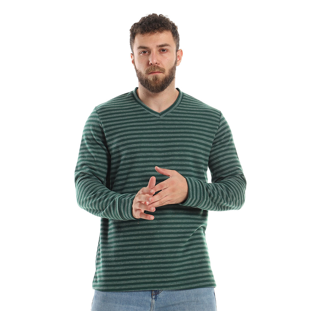 تيشيرت بكم مخطط رجالي - زيتي