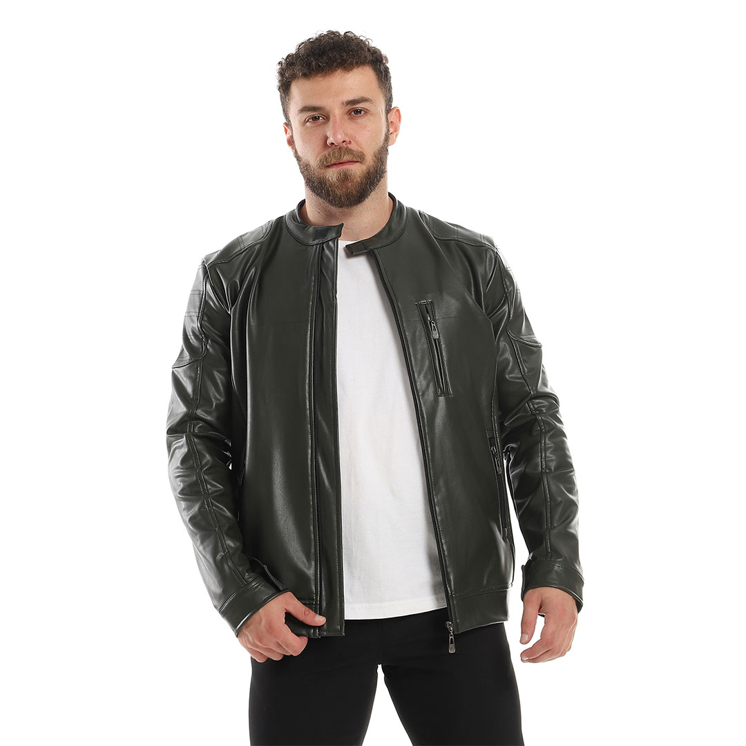 جاكيت جلد بجيوب رجالي - زيتي