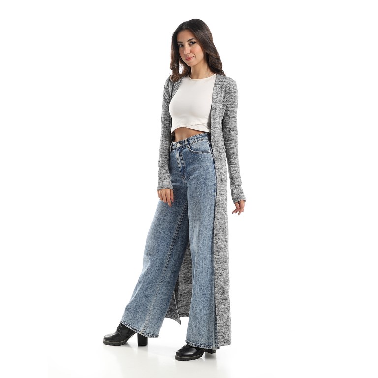 كارديجان طويل مفتوح حريمي - رمادي هيذر