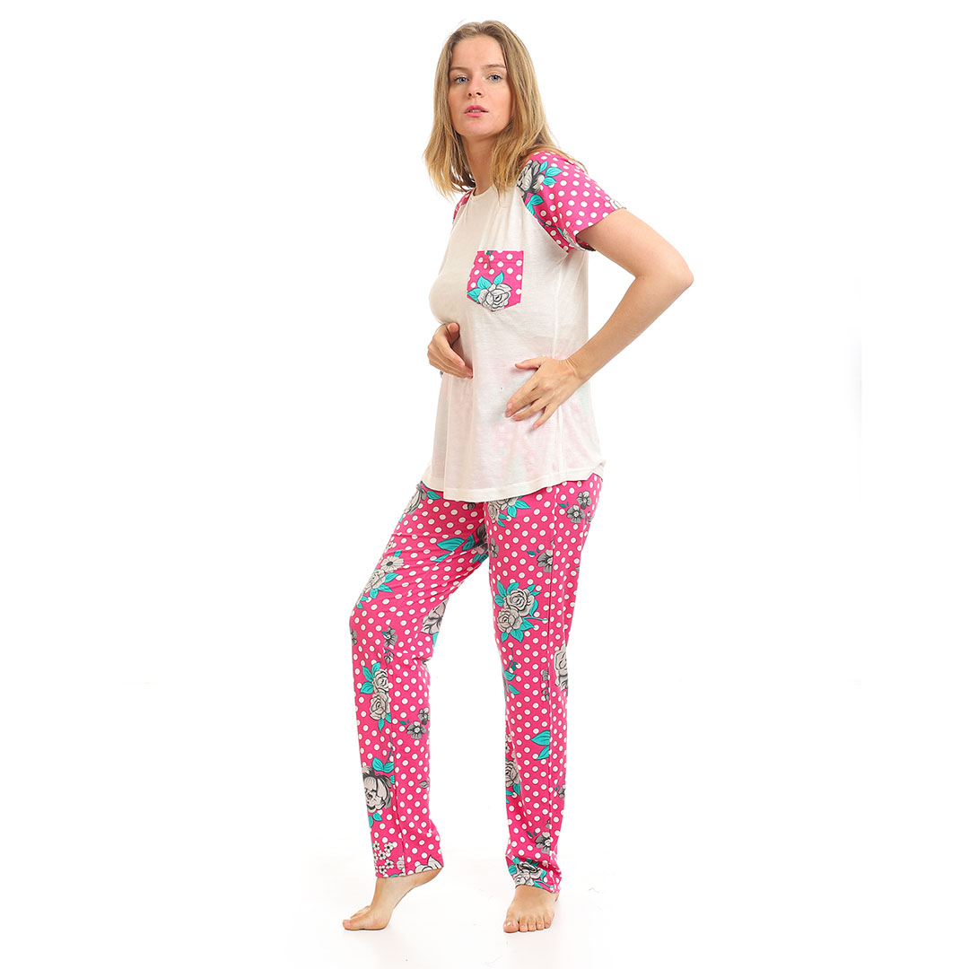 4553 بيجامة قطن حريمي - أوف وايت/فوشيا