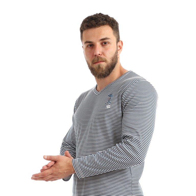 تيشيرت رجالي كم طويل مخطط برقبة V