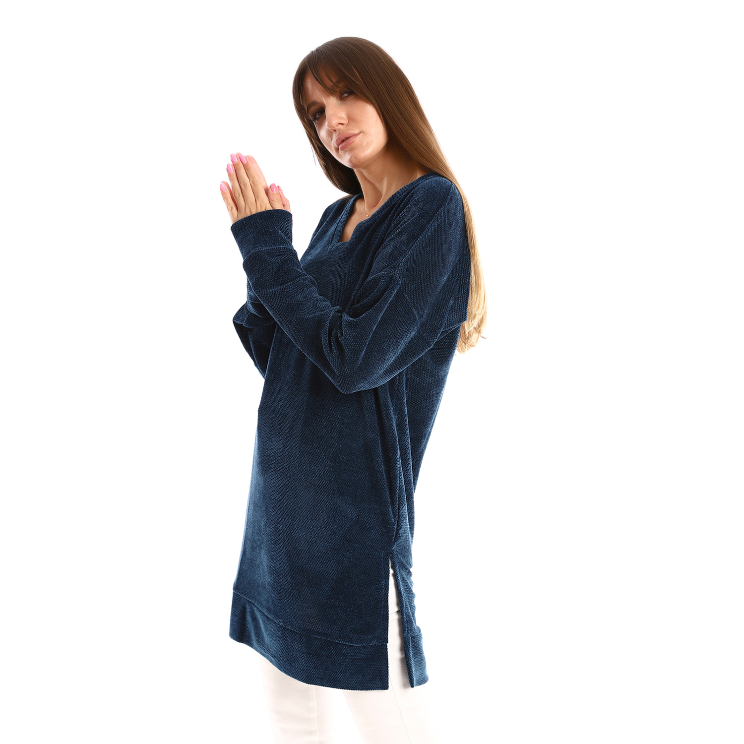 بلوزه حريمى طويله بكم ورقبه - كحلي