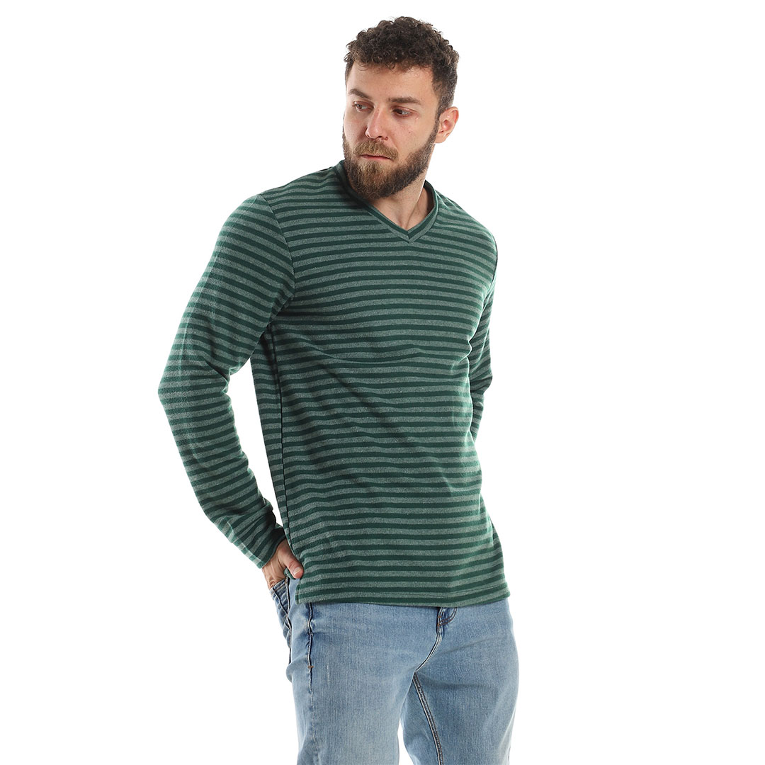 تيشيرت بكم مخطط رجالي - زيتي