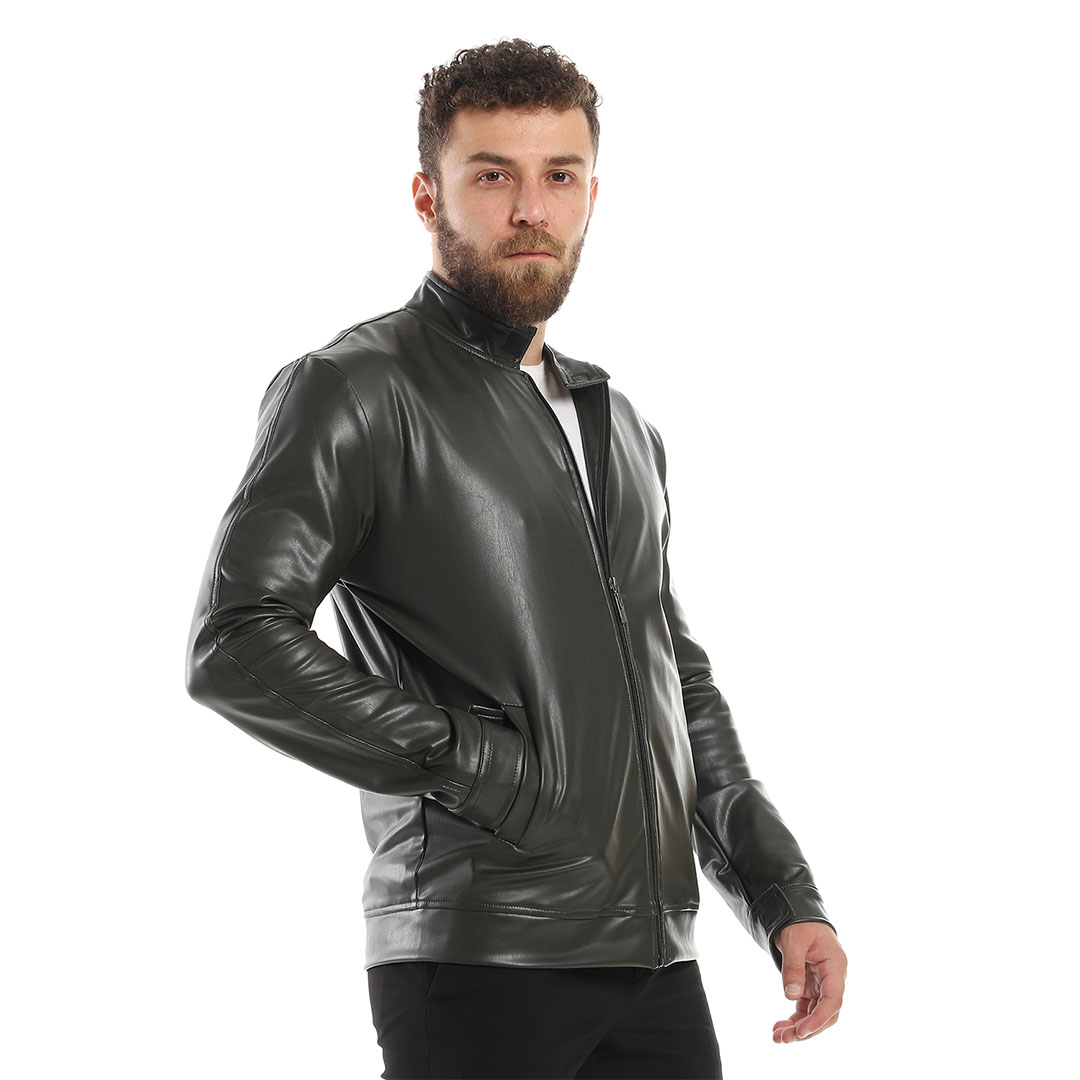 جاكيت جلد بجيوب و سوستة - زيتي