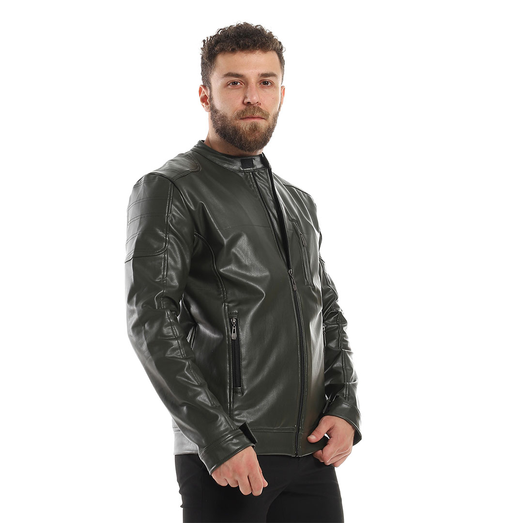 جاكيت جلد بجيوب رجالي - زيتي