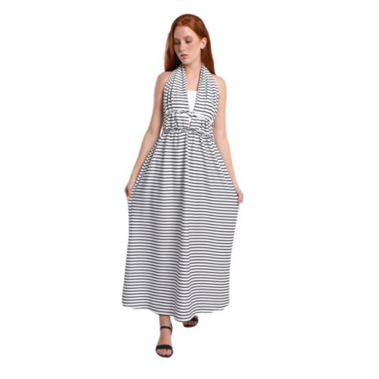 فستان حريمي مخطط ظهر مفتوح - أبيض/أسود